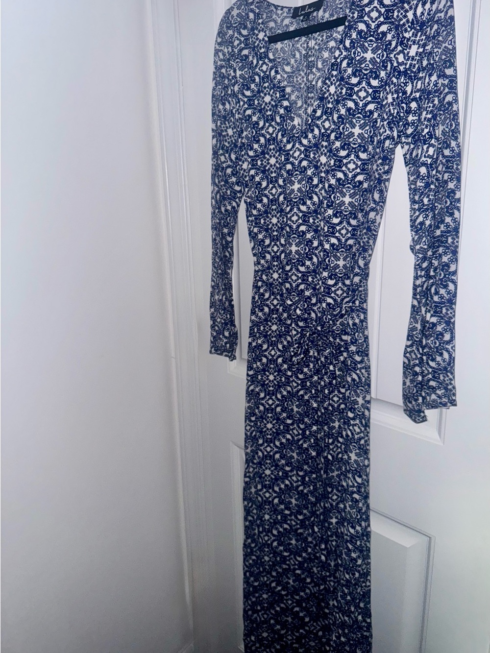 Lulus Blue White Print Long Sleeve Maxi Dress Side Slits